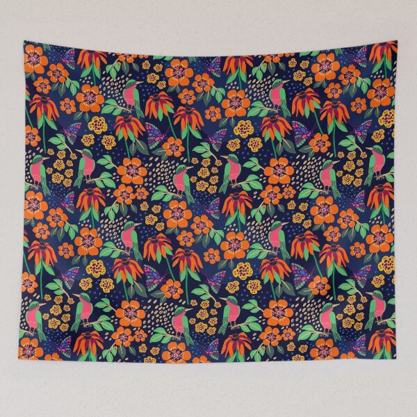 Item preview, Tropical Night Garden: Birds, Butterflies, and Floral Blooms Sanctuary Art Botanical Pattern designed and sold by Oksana Graf Art.