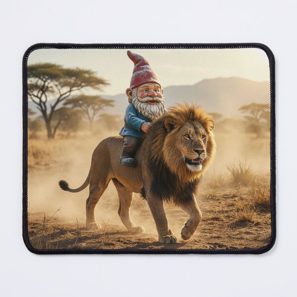 Item preview, Garden Gnome Crosses Serengeti on Lion's Back designed and sold by Tridentulus.