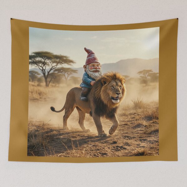 Item preview, Garden Gnome Crosses Serengeti on Lion's Back designed and sold by Tridentulus.