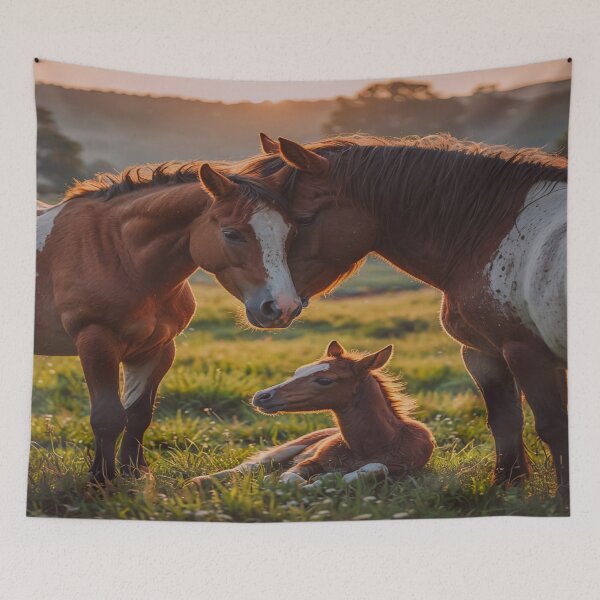 Item preview, Horse Family at Sunset – Mare, Stallion and Foal Meadow Art designed and sold by BeautifulVirtues.