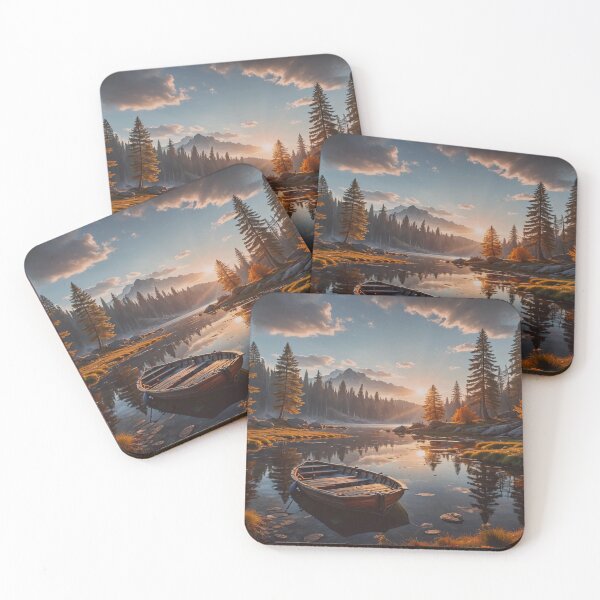 Item preview, Peaceful Mountain Lake at Sunrise – Rustic Rowboat Nature Art designed and sold by BeautifulVirtues.
