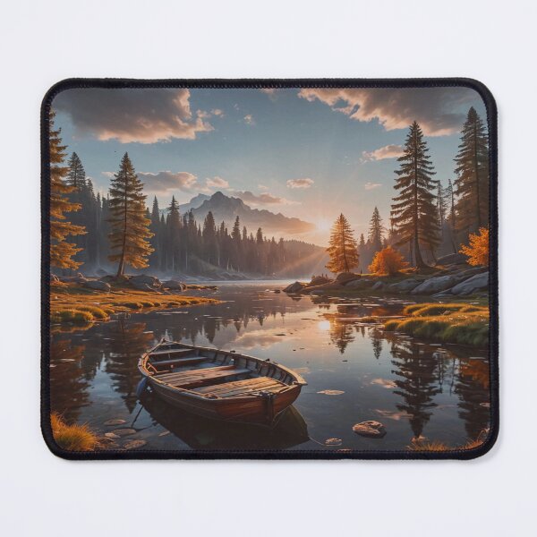 Item preview, Peaceful Mountain Lake at Sunrise – Rustic Rowboat Nature Art designed and sold by BeautifulVirtues.