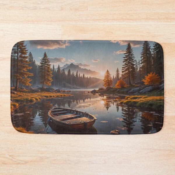 Item preview, Peaceful Mountain Lake at Sunrise – Rustic Rowboat Nature Art designed and sold by BeautifulVirtues.