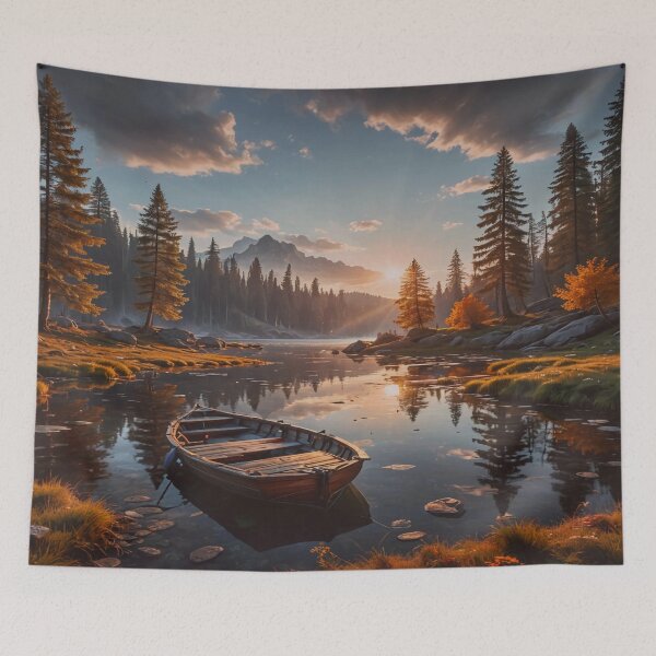 Item preview, Peaceful Mountain Lake at Sunrise – Rustic Rowboat Nature Art designed and sold by BeautifulVirtues.