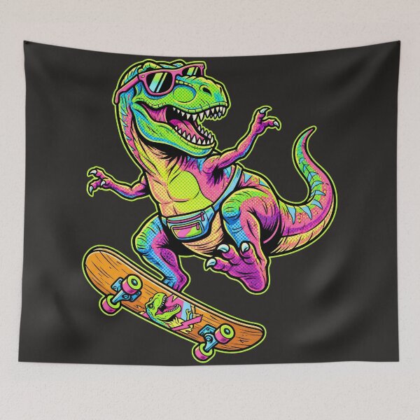 Aperçu de l'œuvre skateboard rétro amusant, T-Rex et dinosaure créée et vendue par ArtivioShop.