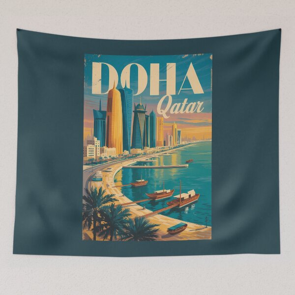 Item preview, Doha Qatar Skyline Illustration Travel Art Vintage designed and sold by KrisSidDesigns.