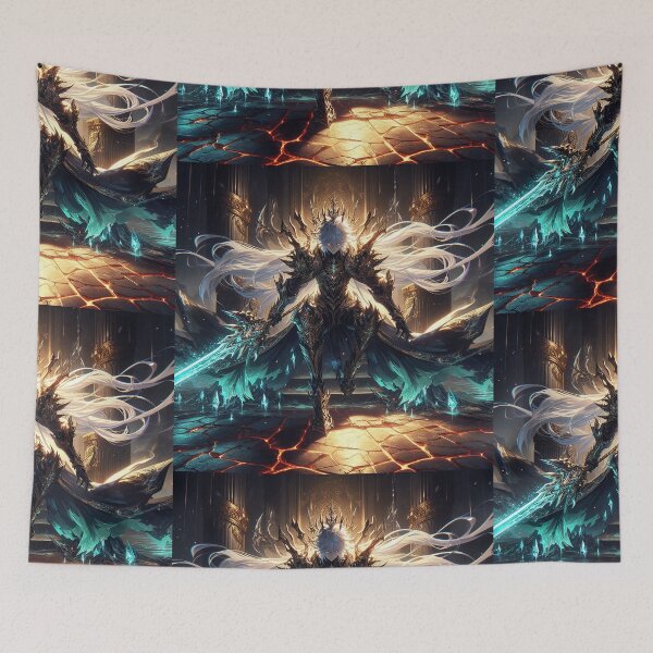 Item preview, The Celestial Void-King: Awakening in the Molten Abyss with Cyan Lance and Void-Gold Armor designed and sold by MouradStudio.