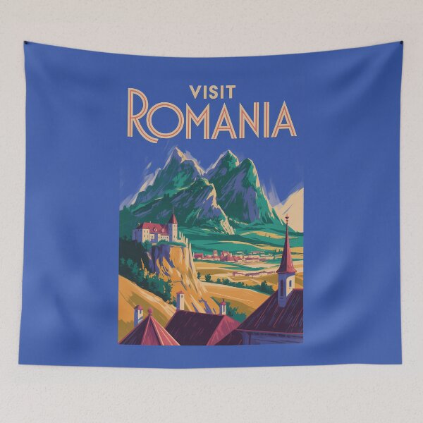 Item preview, Romania Landscape Illustration Travel Art Vintage designed and sold by KrisSidDesigns.