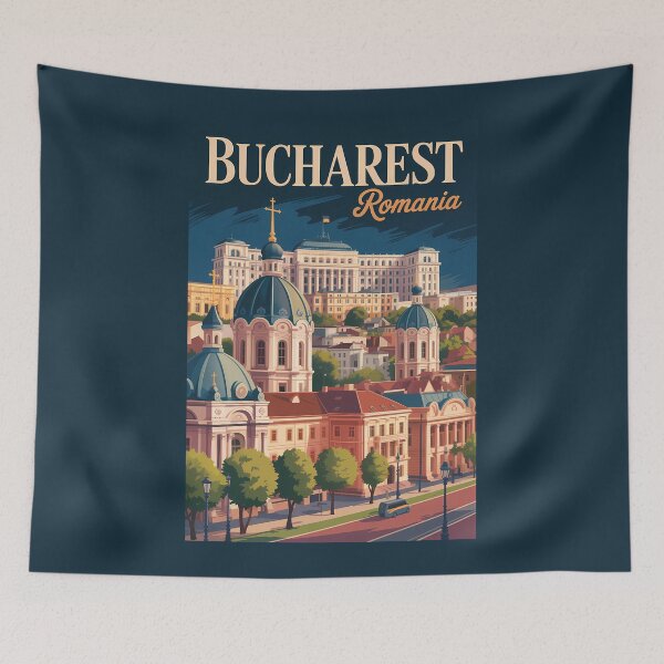 Item preview, Bucharest Skyline Illustration Travel Art Vintage designed and sold by KrisSidDesigns.