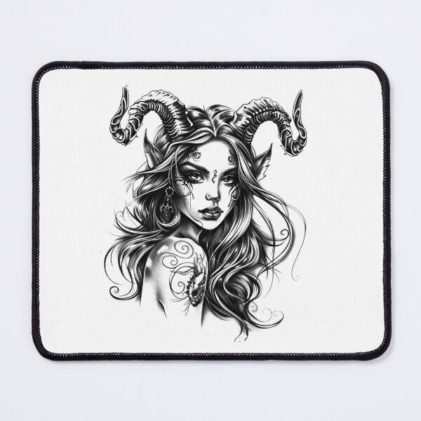 Item preview, Dark Fantasy Ram Horn Woman Black and White Illustration designed and sold by inkoutninja.