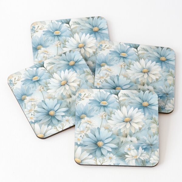 Item preview, Dust blue and white daisies, leafy botanicals watercolor floral painting spring theme shades of blue designed and sold by navitalidesign.