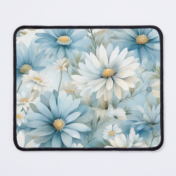 Item preview, Dust blue and white daisies, leafy botanicals watercolor floral painting spring theme shades of blue designed and sold by navitalidesign.