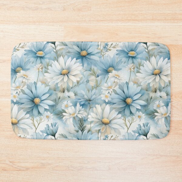 Item preview, Dust blue and white daisies, leafy botanicals watercolor floral painting spring theme shades of blue designed and sold by navitalidesign.