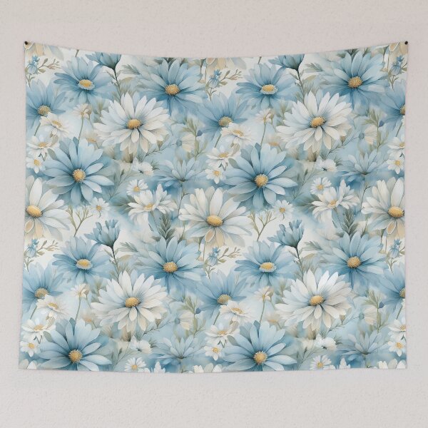 Item preview, Dust blue and white daisies, leafy botanicals watercolor floral painting spring theme shades of blue designed and sold by navitalidesign.