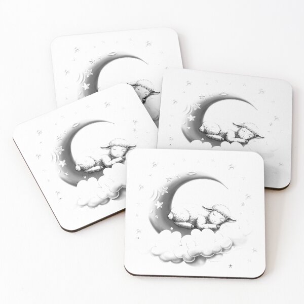 Item preview, Sleeping Lamb on Crescent Moon Black and White Nursery Illustration designed and sold by inkoutninja.