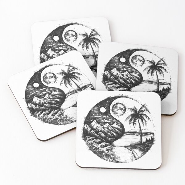 Item preview, Moonlit Tropical Beach and Mountain Yin Yang Black and White Illustration designed and sold by inkoutninja.