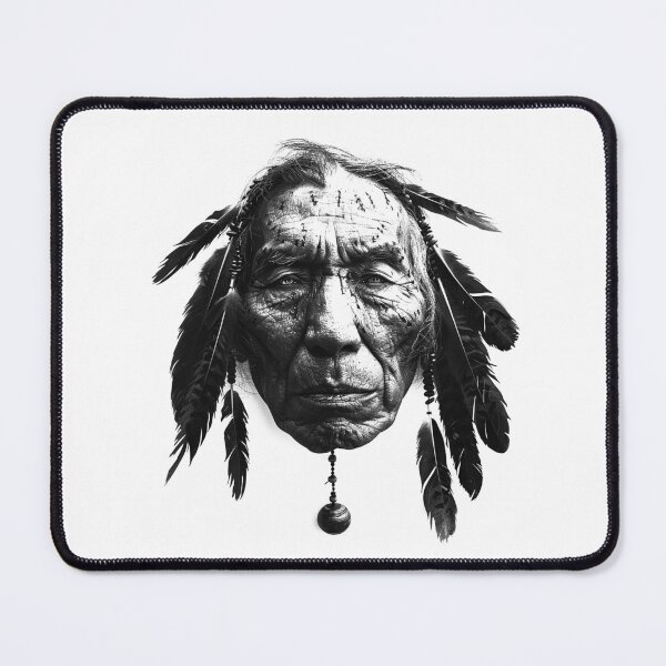 Item preview, Weathered Elder Portrait with Feathers Black and White Illustration designed and sold by inkoutninja.