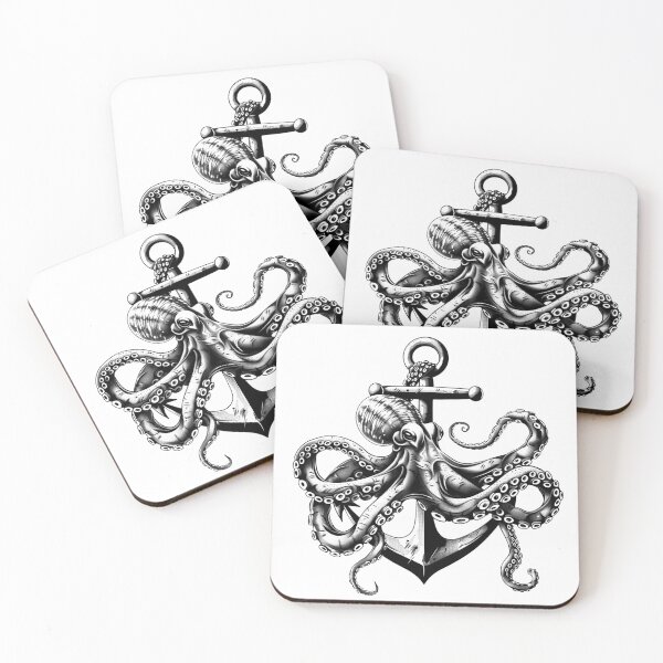 Item preview, Octopus and Anchor Black and White Nautical Illustration designed and sold by inkoutninja.