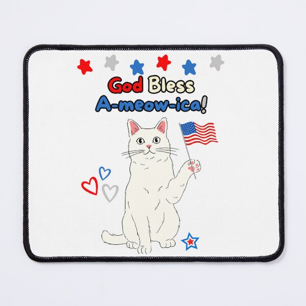 Item preview, 4th of July God Bless A-meow-ica White Cat designed and sold by MYCatStuff.