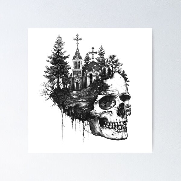 Item preview, Gothic Skull Church Forest Black and White Illustration designed and sold by inkoutninja.