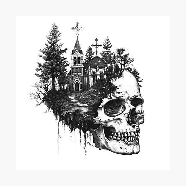 Item preview, Gothic Skull Church Forest Black and White Illustration designed and sold by inkoutninja.