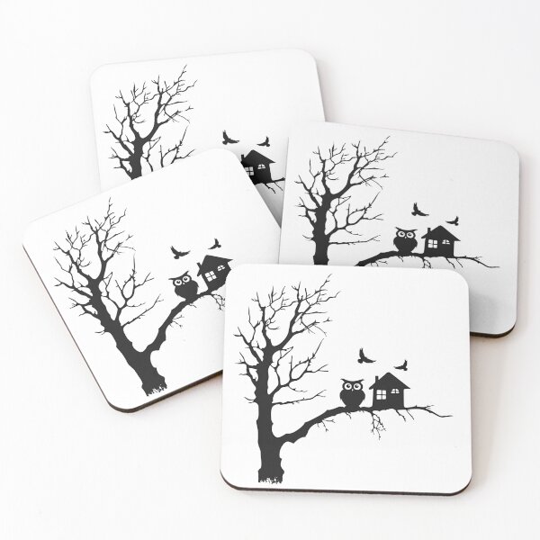 Item preview, Spooky Owl and Haunted House Tree Silhouette Black and White Illustration designed and sold by inkoutninja.