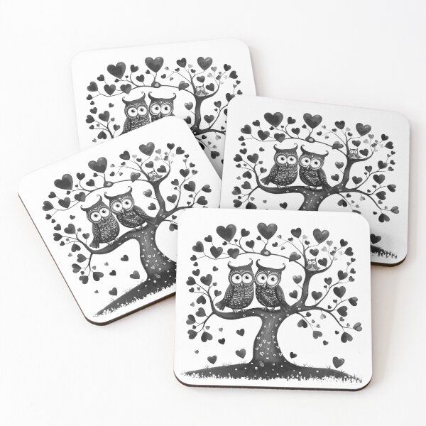 Item preview, Cute Owls in Heart Tree Black and White Illustration designed and sold by inkoutninja.