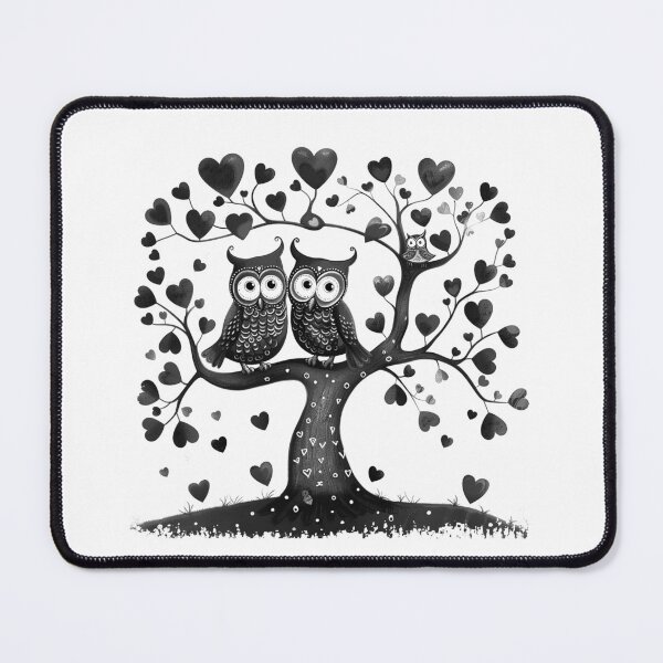 Item preview, Cute Owls in Heart Tree Black and White Illustration designed and sold by inkoutninja.