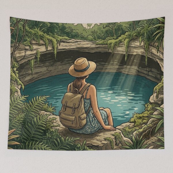 Item preview, Vintage Solo Female Travel Cenote - Mexico Vacation Art designed and sold by Bloom & Quiet .