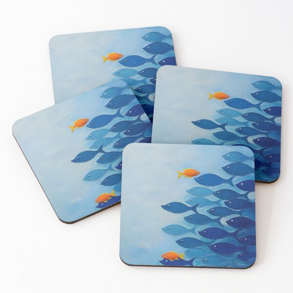 Item preview, Minimalist Fish School Illustration – Stand Out Orange Fish Ocean Art, Unique vs Crowd Concept, Blue Aesthetic Wall Art designed and sold by ayatstudio.