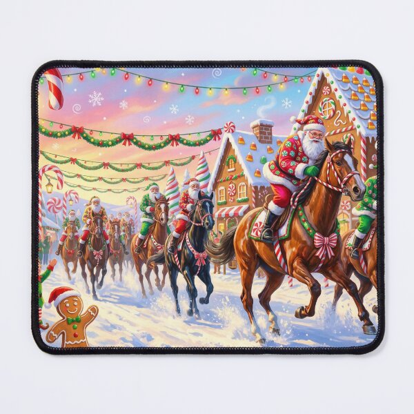 Artikelvorschau, Weihnachtsmann-Jockeys reiten durch das Zuckerstangendorf – Weihnachtliche Reitszene entworfen und verkauft von Debbie Schulte.