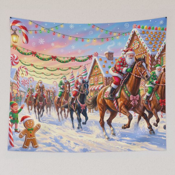 Item preview, Santa Jockeys Horse Race Through Candy Cane Village – Christmas Equestrian Holiday Scene designed and sold by Debbie Schulte.