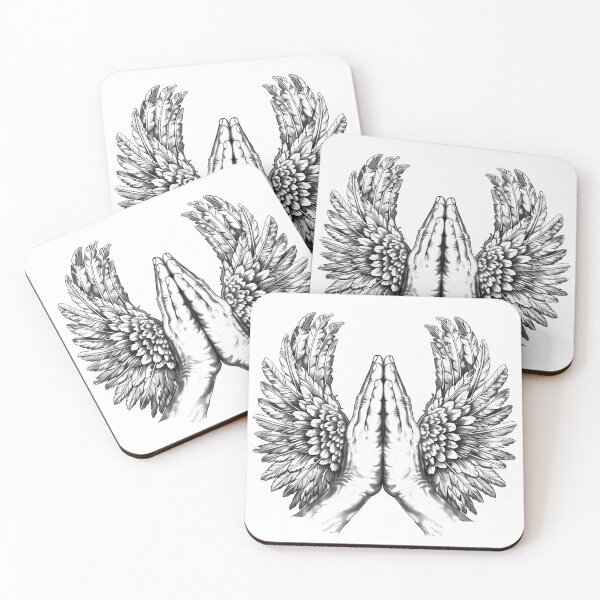 Item preview, Praying Hands with Angel Wings Black and White Spiritual Illustration designed and sold by inkoutninja.