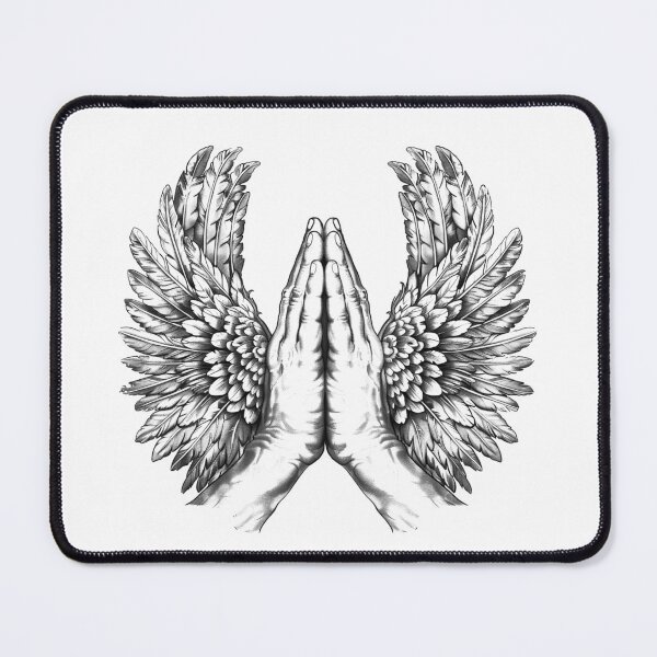 Item preview, Praying Hands with Angel Wings Black and White Spiritual Illustration designed and sold by inkoutninja.