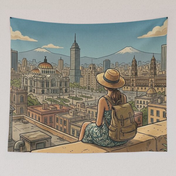 Item preview, Vintage Solo Female Travel Mexico City - Mexico Travel Illustration designed and sold by Bloom & Quiet .
