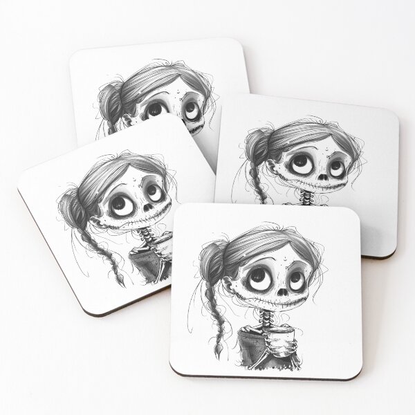Item preview, Cute Skeleton Girl with Coffee Black and White Whimsical Illustration designed and sold by inkoutninja.