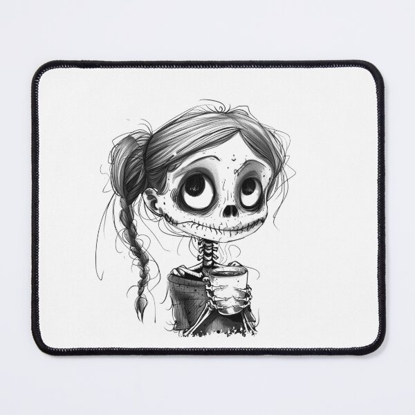 Item preview, Cute Skeleton Girl with Coffee Black and White Whimsical Illustration designed and sold by inkoutninja.