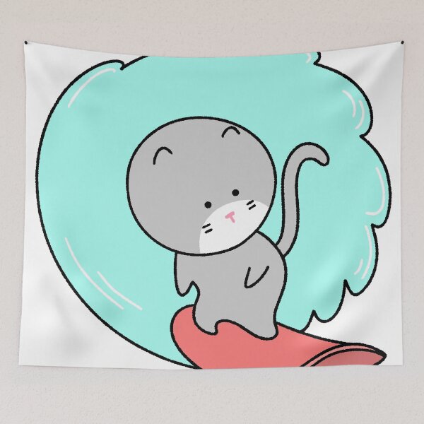 Item preview, Cute Gray Cat Surfing on a Big Blue Wave Illustration designed and sold by ubborn.