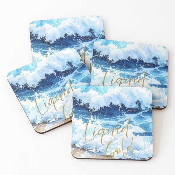 Item preview, Liquid Gold Ocean Waves – Abstract Blue Sea with Gold Typography designed and sold by photoart1854.