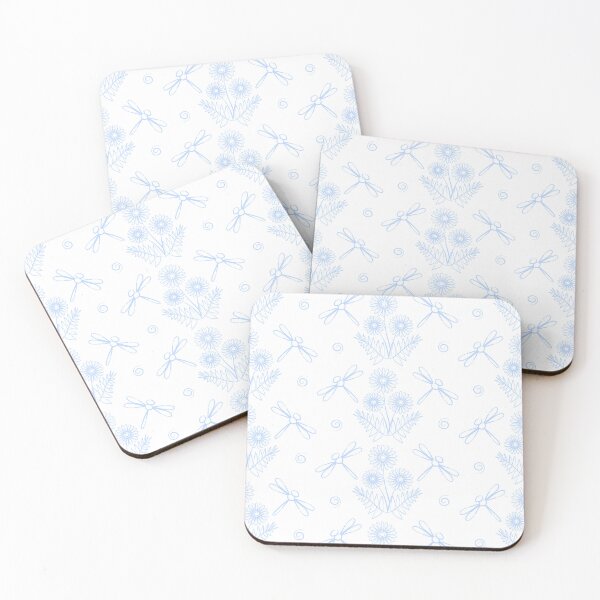 Item preview, Seamless pattern with blue outline dragonflies and flowers on white background designed and sold by ingapv.