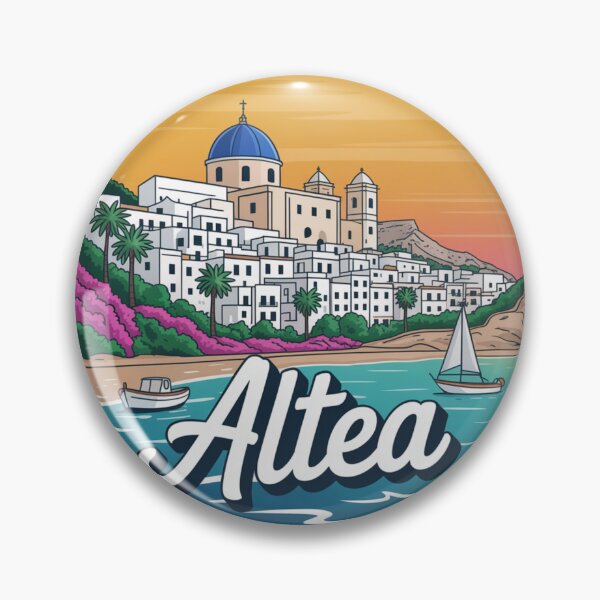 Item preview, Altea Spain: Mediterranean Sunset Coastal Village Badge designed and sold by CircinusStore.