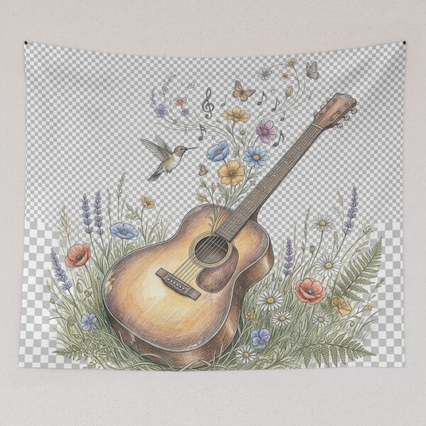 Item preview, Hand-drawn Vintage Acoustic Guitar Meadow Wildflowers Celestial Music Art designed and sold by FloraDesign-228.