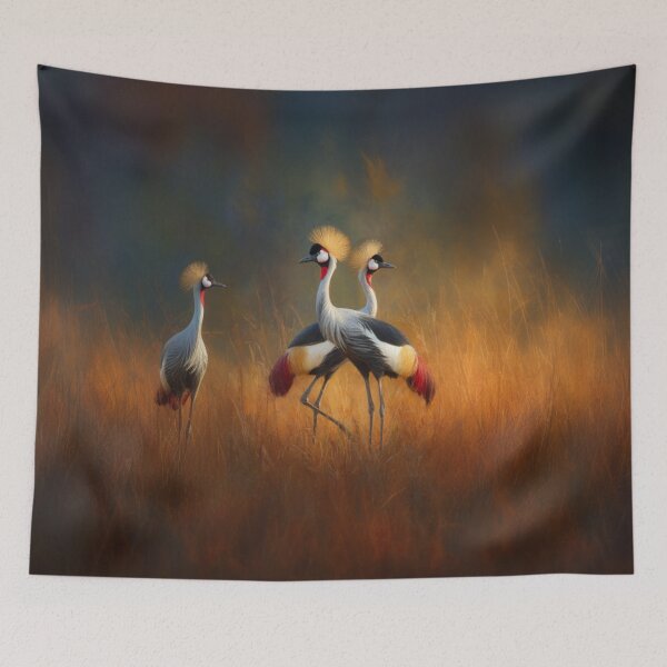 Item preview, A pair of Crimson Crowned Cranes dancing in tall grass, Birds in Motion designed and sold by CDC40.