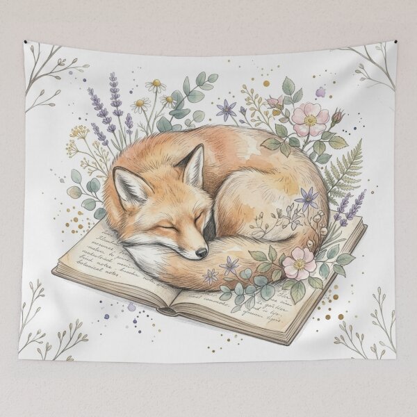 Item preview, Hand-drawn Vintage Watercolor Sleeping Fox Coiling Celestial Wildflowers Art designed and sold by FloraDesign-228.