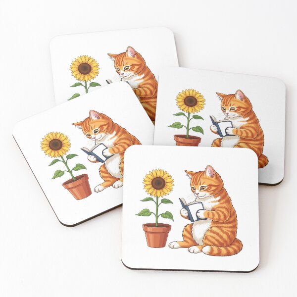 Item preview, Orange Tabby Cat Reading Beside One Potted Sunflower designed and sold by pumsquare.