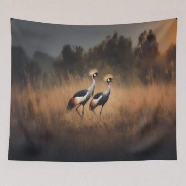 Item preview, A pair of Crimson Crowned Cranes dancing in tall grass, Birds in Motion designed and sold by CDC40.