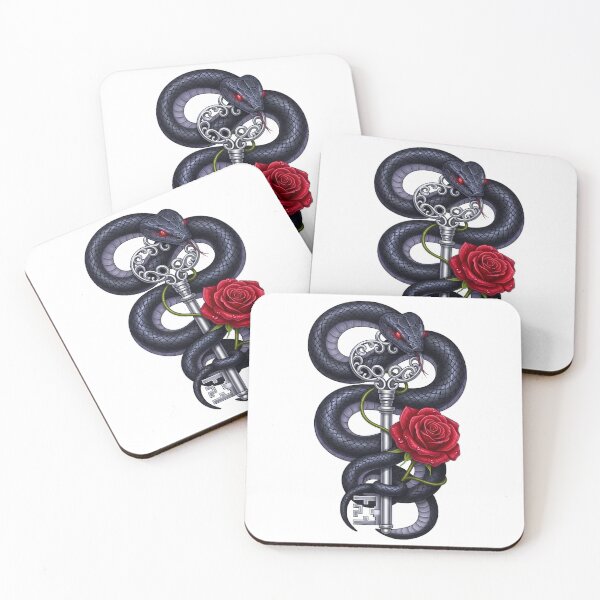 Item preview, Black Serpent Coiled Around Silver Key Red Rose designed and sold by IllumeInk.