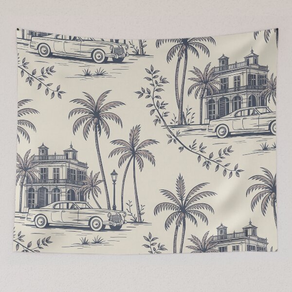 Item preview, Vintage Tropical Toile Pattern – Coastal Heritage Palm & Classic Car Wallpaper designed and sold by Tamas Das.