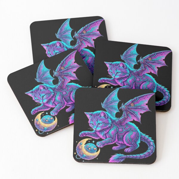 Item preview, Celestial Dragon-Cat - Cyberpunk Winged Kitten & Moon Yarn Ball Art designed and sold by MT-Hub | Cute Aesthetic Art, Stickers & Phone Cases.