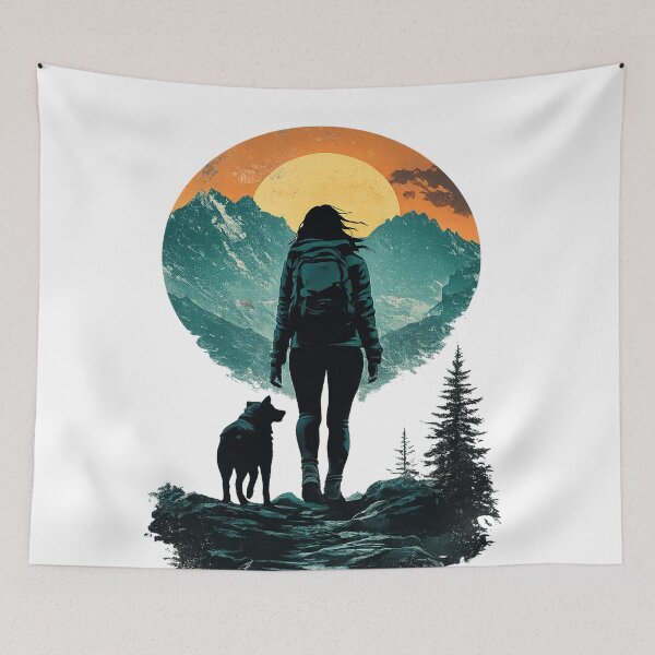 Item preview, Hiker Woman and Dog Journey - Retro Mountain Full Moon designed and sold by myforestfog.